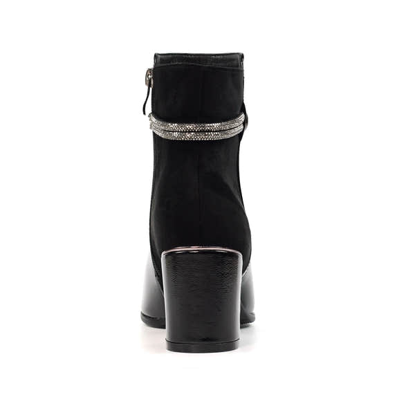 Lunar GLR107 Lily Ladies Black Side Zip Ankle Boots with chunky heel and decorative rhinestone strap.
