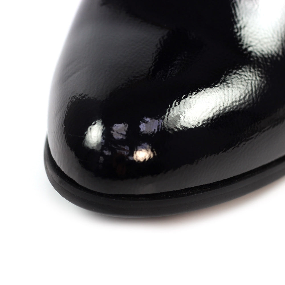 Lunar GLR107 Lily Ladies Black Side Zip Ankle Boots, glossy patent finish, pointed toe, perfect for stylish fall and winter wear.