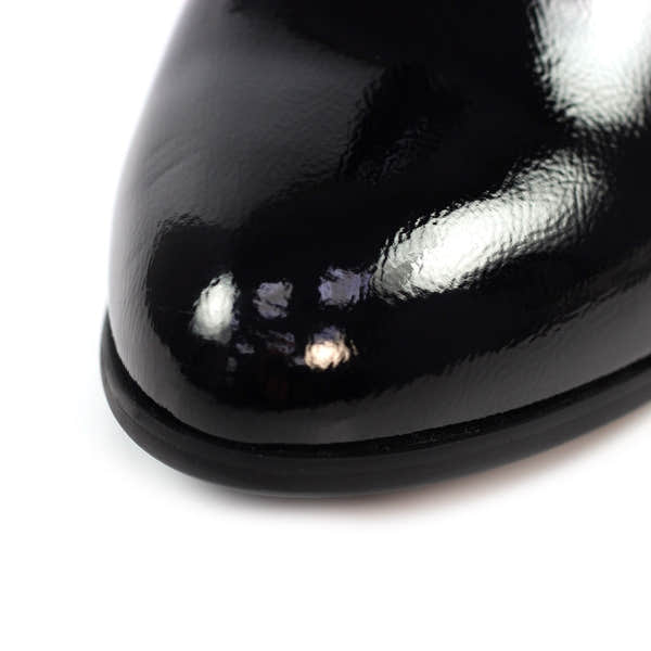 Lunar GLR107 Lily Ladies Black Side Zip Ankle Boots, glossy patent finish, pointed toe, perfect for stylish fall and winter wear.