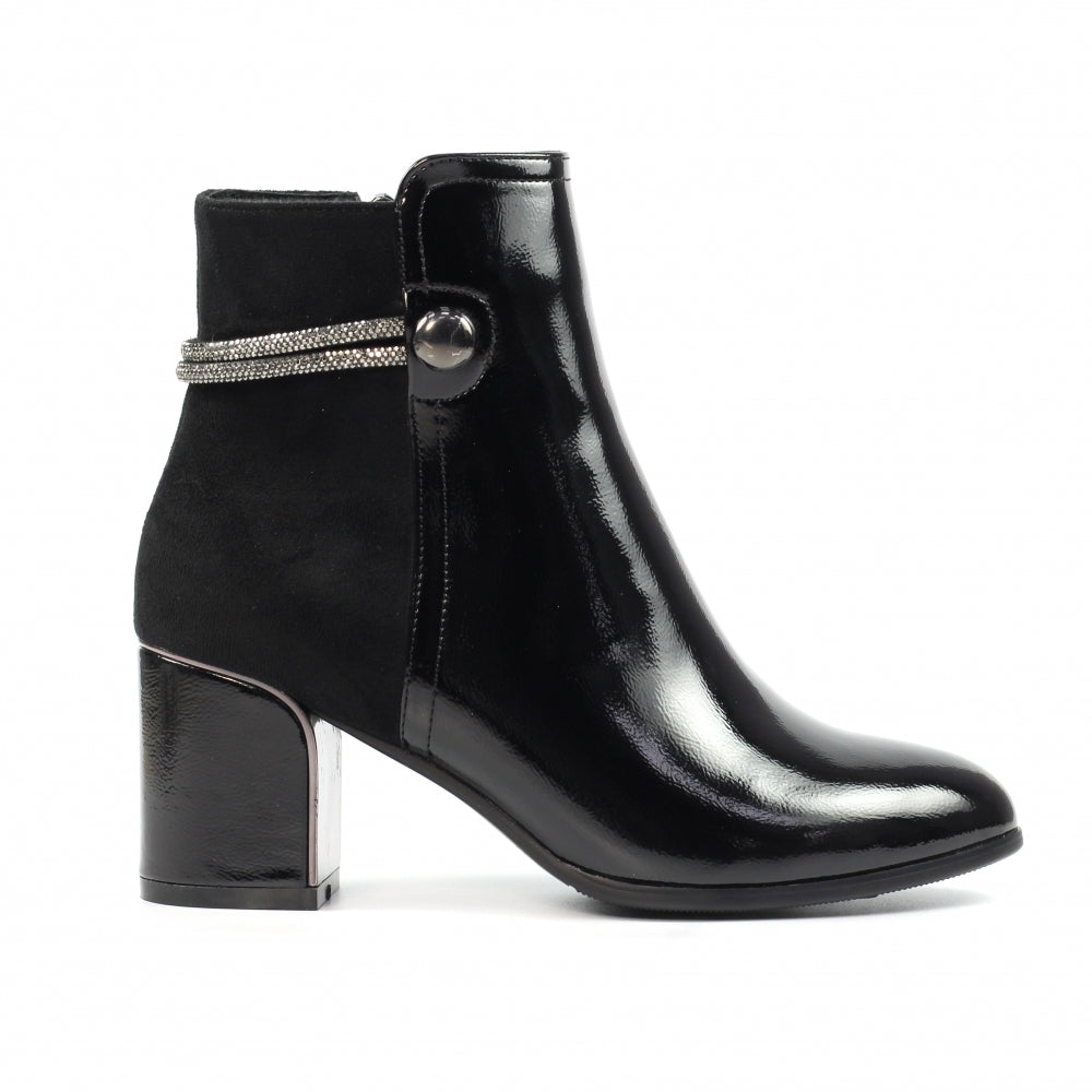 Lunar GLR107 Lily Ladies Black Side Zip Ankle Boots with a block heel and decorative strap detail.