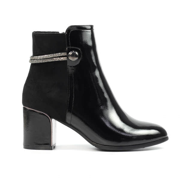 Lunar GLR107 Lily Ladies Black Side Zip Ankle Boots with a block heel and decorative strap detail.