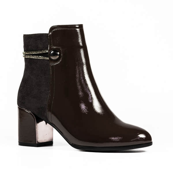 Lunar GLR107 Lily Ladies Grey Side Zip Ankle Boots with heel, shiny patent finish and side zipper detail.
