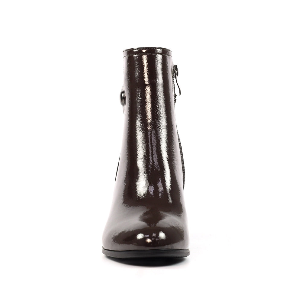 Lunar GLR107 Lily Ladies Grey Side Zip Ankle Boots, glossy leather, ankle height, side zipper design.