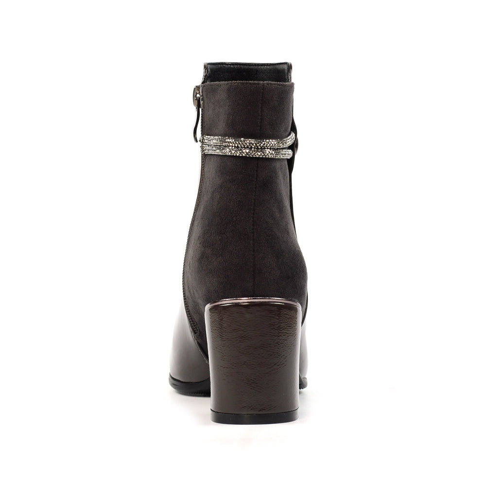 Lunar GLR107 Lily Ladies Grey Side Zip Ankle Boots with block heel and rhinestone detail.