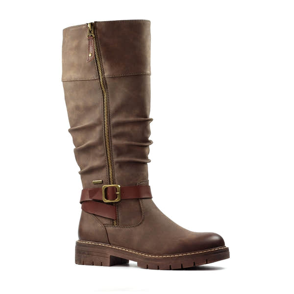 Lunar GLR121 Margo Women's Brown Waterproof Mid-Calf Boots with zip, lace details, and buckle strap, ideal for cold or wet weather.