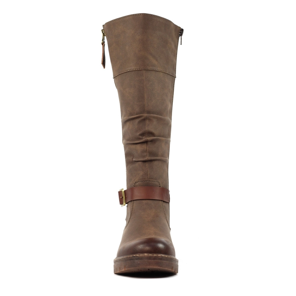 Lunar GLR121 Margo women's brown waterproof mid-calf boots with zip and lace details, suitable for winter and outdoor wear.
