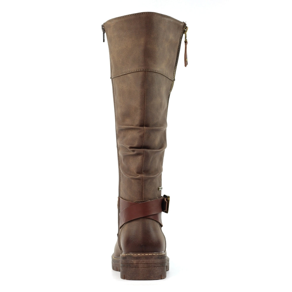 Lunar GLR121 Margo women's brown waterproof mid-calf boots with lace-up and zip closure, rugged sole, stylish design.