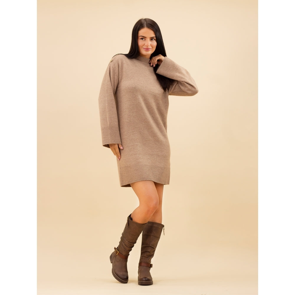 Lunar GLR121 Margo women's brown waterproof mid-calf boots with lace and zip closure, paired with a beige sweater dress.