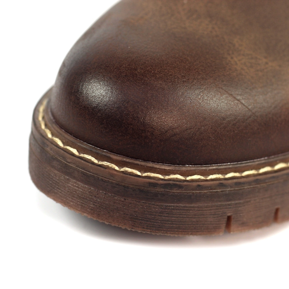Lunar GLR121 Margo women's brown waterproof zip and lace mid-calf boots showing a close-up of the rounded toe and stitching.