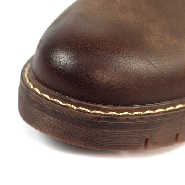 Lunar GLR121 Margo women's brown waterproof zip and lace mid-calf boots showing a close-up of the rounded toe and stitching.