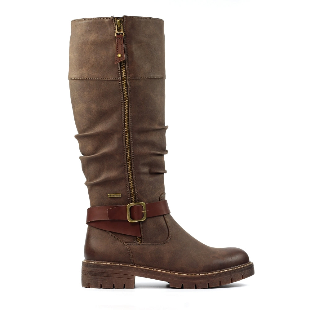 Lunar GLR121 Margo women's brown waterproof mid-calf boots with zipper, lace-up design, and decorative ankle strap.