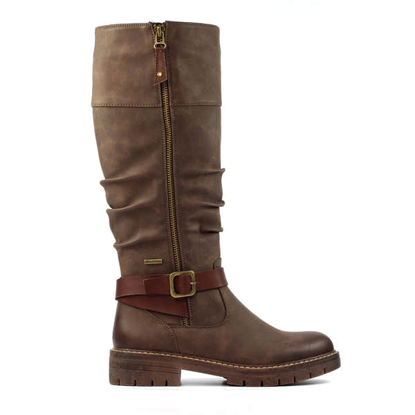 Lunar GLR121 Margo women's brown waterproof mid-calf boots with zipper, lace-up design, and decorative ankle strap.
