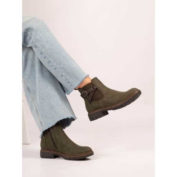 Lunar GLR125 Morris women's green mid-calf lace-up boots with zip, stylish design, rugged sole, and buckle detail.