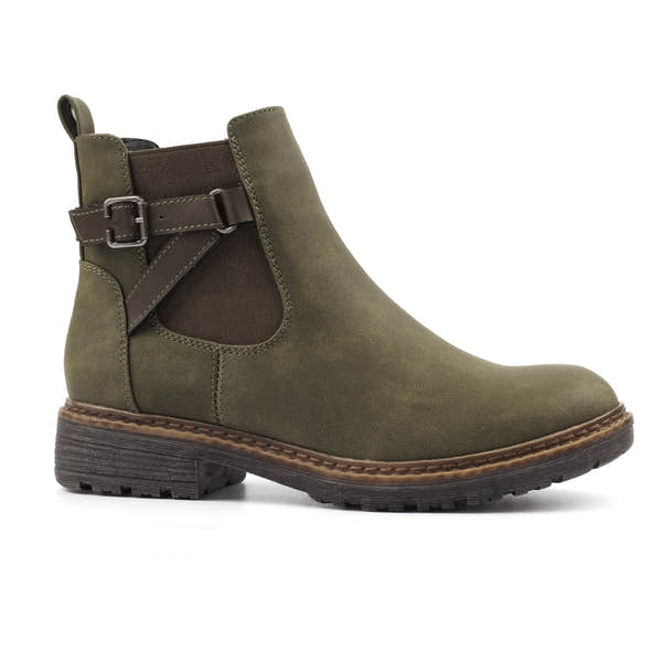 Lunar GLR125 Morris women's green zip and lace mid-calf boots with a stylish buckle, chunky heel, and durable sole.