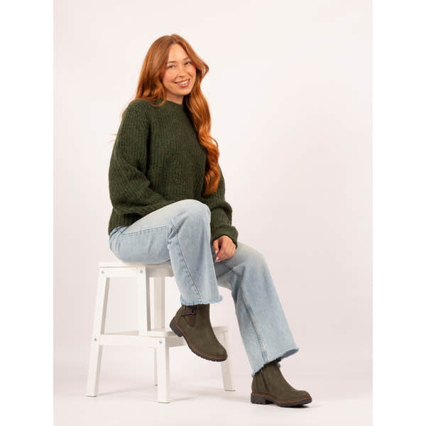Lunar Morris Ladies Green Zip & Lace Mid-Calf Boots worn by woman sitting on a white stool, green color, casual winter footwear.