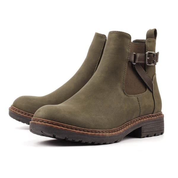 Lunar GLR125 Morris women's green mid-calf boots with zip and lace detail, stacked heel, and ankle strap.