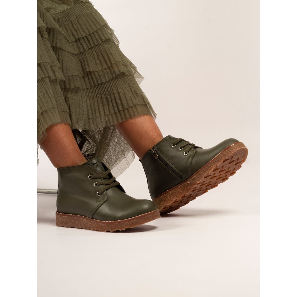 Lunar GLR126 Claire III women's olive leather ankle boots with lace-up, zip detail, and textured sole.