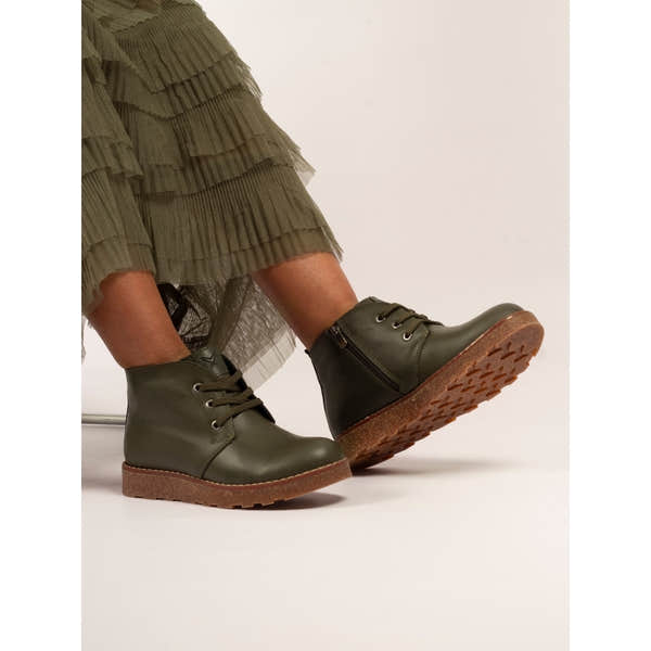 Lunar GLR126 Claire III women's olive leather ankle boots with lace-up, zip detail, and textured sole.