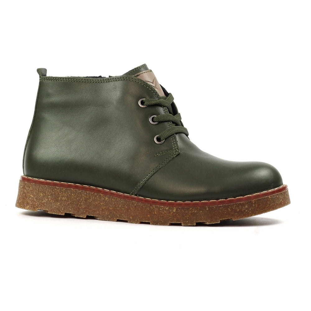 Lunar GLR126 Claire III women's olive leather ankle boots with lace-up front, zip detail, and rugged sole.