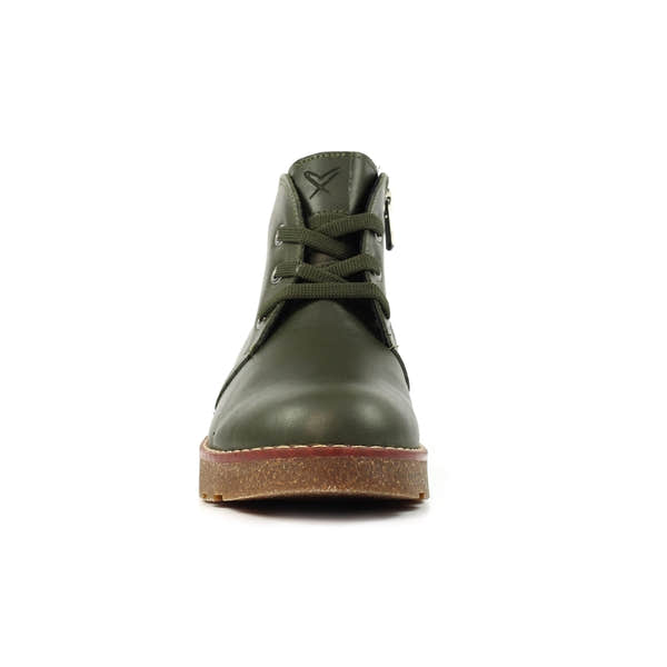 Lunar GLR126 Claire III women's olive leather ankle boots with zip and lace-up design, thick sole, and stylish stitching.