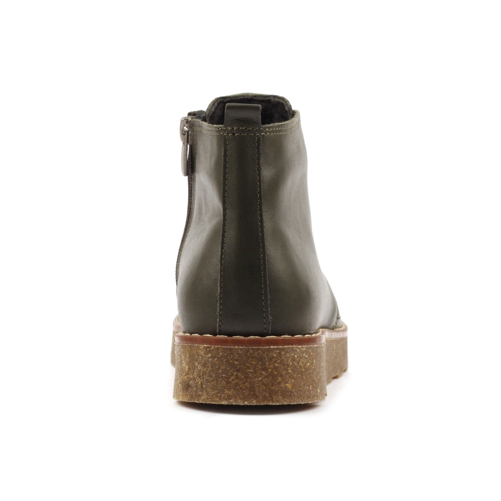 Lunar GLR126 Claire III women's olive leather ankle boots with zip and lace details, chunky rubber sole.