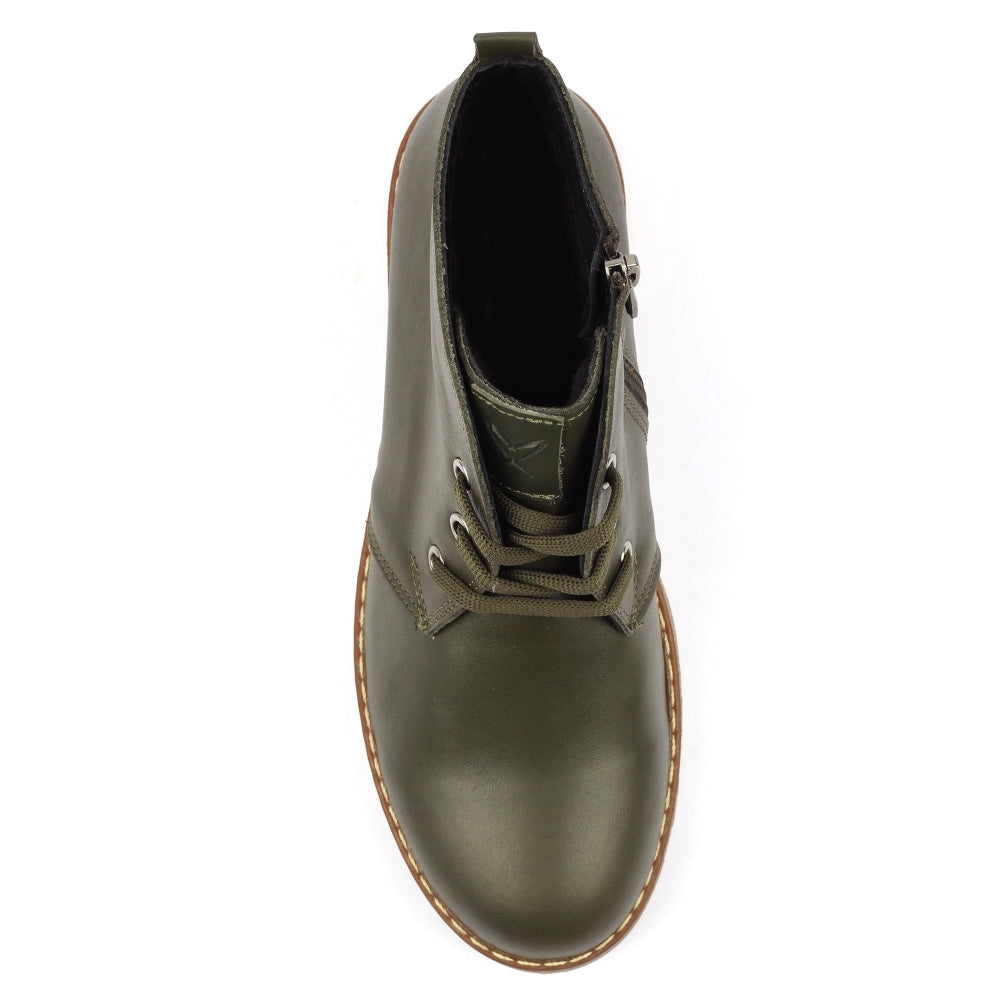 Lunar GLR126 Claire III Women's Olive Leather Ankle Boots with Zip and Lace Detailing, for casual or fashion wear.