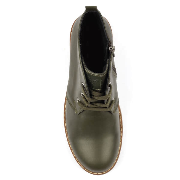 Lunar GLR126 Claire III Women's Olive Leather Ankle Boots with Zip and Lace Detailing, for casual or fashion wear.