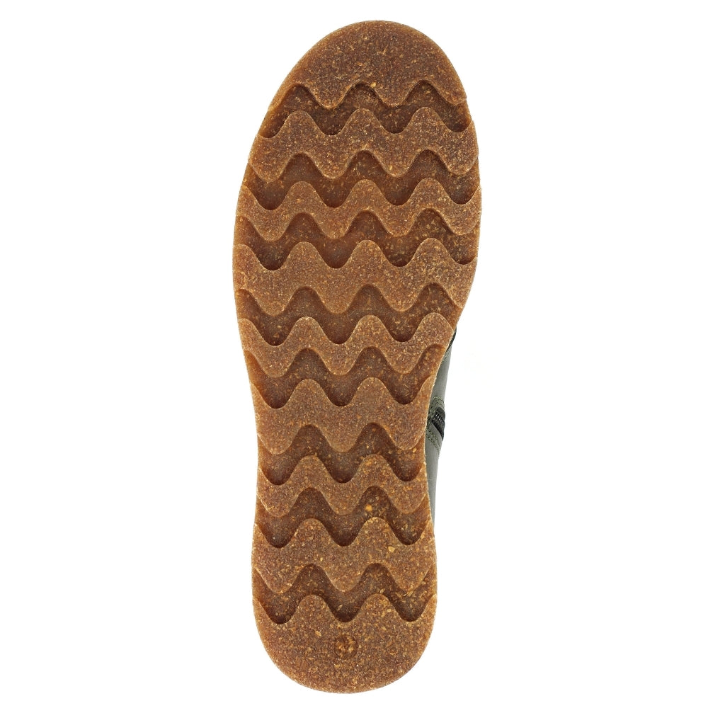 Lunar GLR126 Claire III Ladies Olive Leather Zip & Lace Ankle Boots with rugged rubber outsole and zigzag tread pattern.
