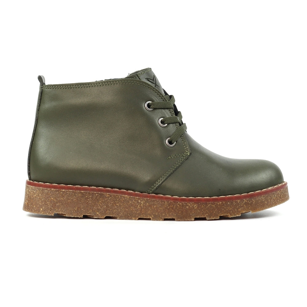 Lunar GLR126 Claire III women's olive leather ankle boots with zip and lace-up design, chunky sole, and casual style.