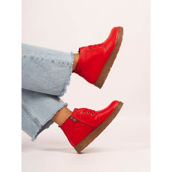 Lunar GLR126 Claire III women's red leather ankle boots with zip and lace, stacked sole, casual style.