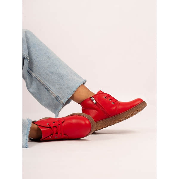 Lunar GLR126 Claire III women's red leather ankle boots with lace-up and side zipper, featuring a brown sole.