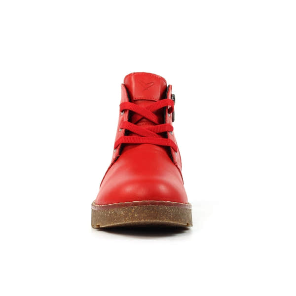Lunar GLR126 Claire III women's red leather ankle boot with lace-up and zip closure, round toe, low chunky sole.