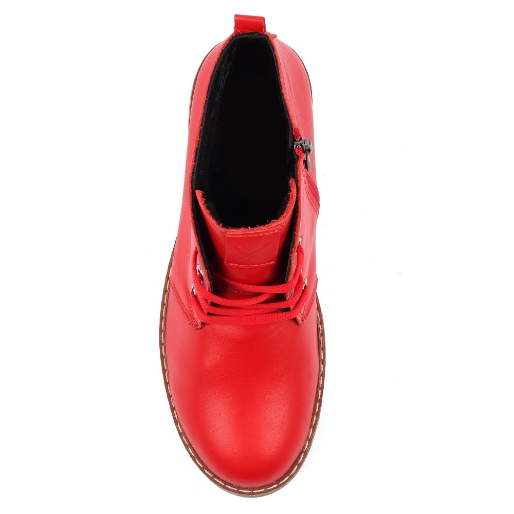 Lunar GLR126 Claire III Women's Red Leather Ankle Boots with Zip and Lace Details, stylish and edgy footwear.