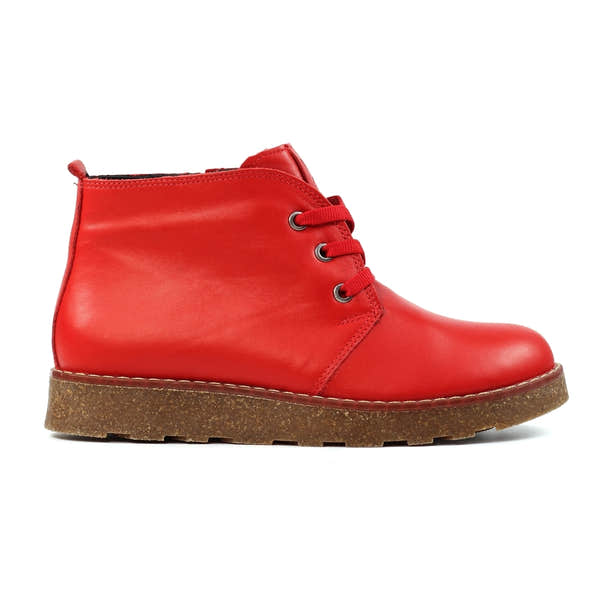 Lunar GLR126 Claire III women's red leather ankle boots with lace-up and zip closure, chunky rubber sole.