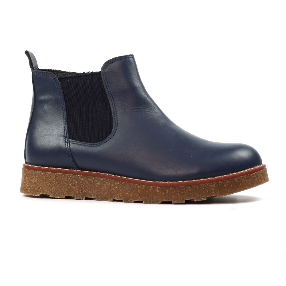 Lunar GLR127 Georgie Navy Leather Side Zip Ankle Boots for women, side elastic panels, chunky rubber sole, stylish and comfortable.