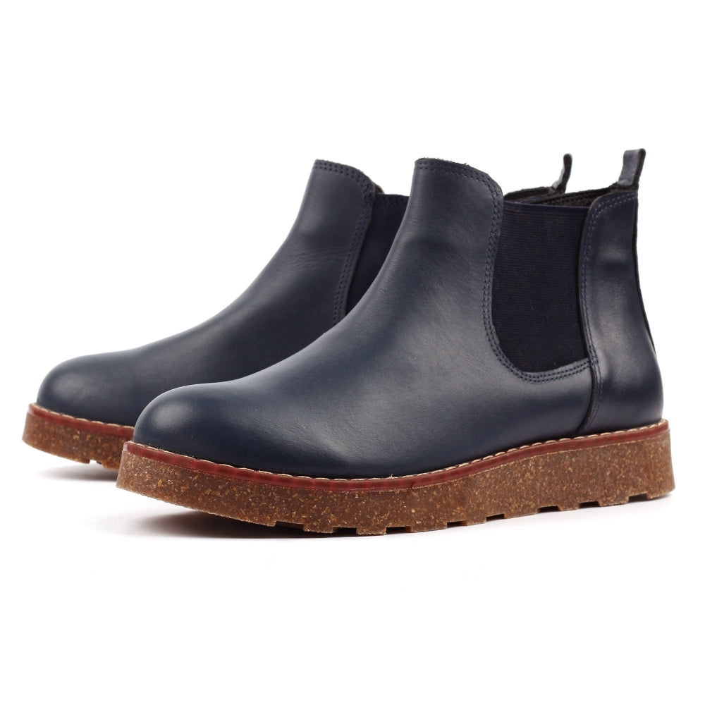 Lunar GLR127 Georgie Ladies Navy Leather Side Zip Ankle Boots, stylish navy leather ankle boots with side zipper, cork-like sole, and pull tab.