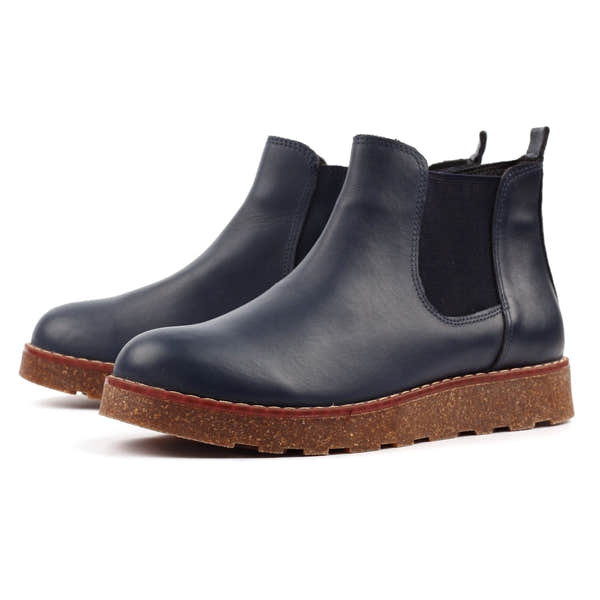 Lunar GLR127 Georgie Ladies Navy Leather Side Zip Ankle Boots, stylish navy leather ankle boots with side zipper, cork-like sole, and pull tab.