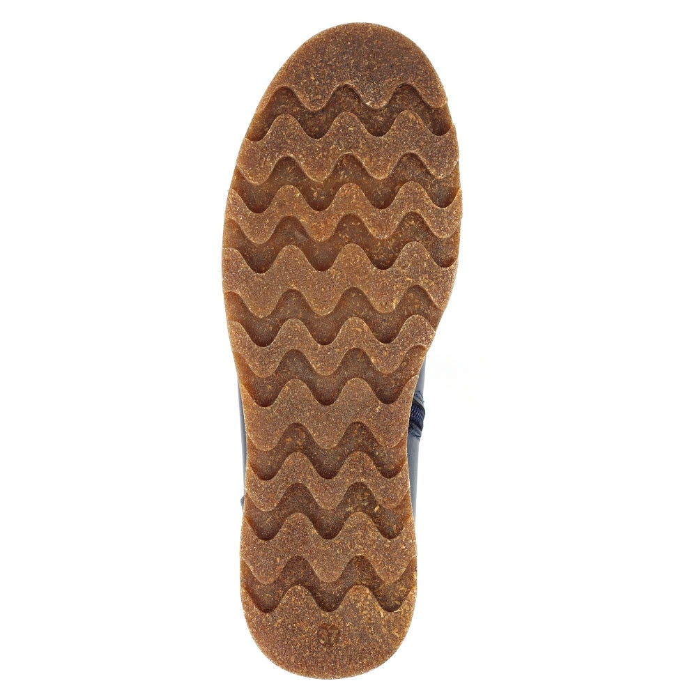 Lunar GLR127 Georgie Ladies Navy Leather Side Zip Ankle Boots with rugged sole and zigzag tread pattern.