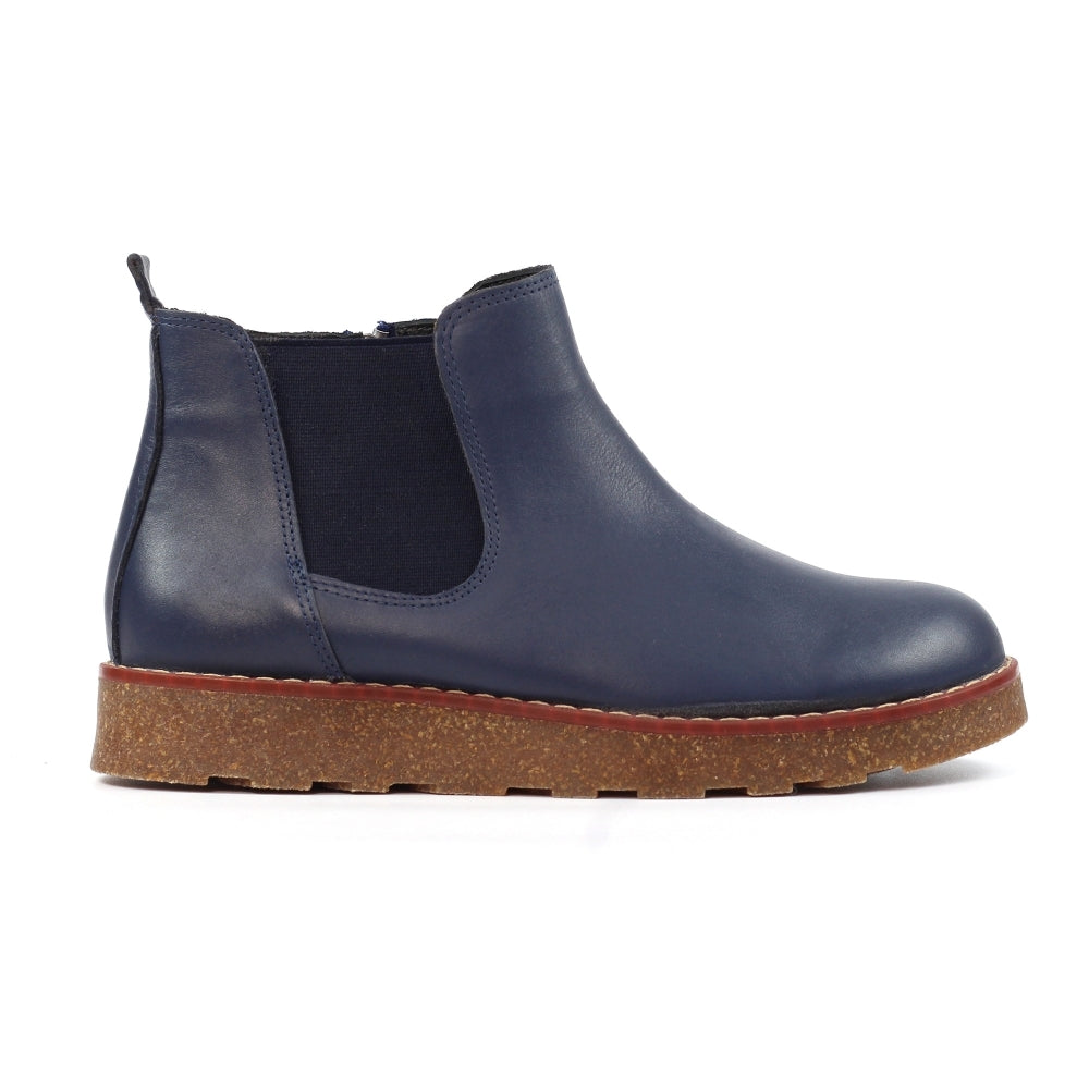 Lunar GLR127 Georgie Ladies Navy Leather Side Zip Ankle Boots with chunky sole and elastic side panels.