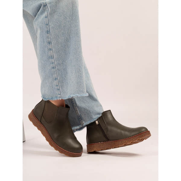 Lunar GLR127 Georgie Ladies Olive Leather Side Zip Ankle Boots with brown soles and casual slip-on style.