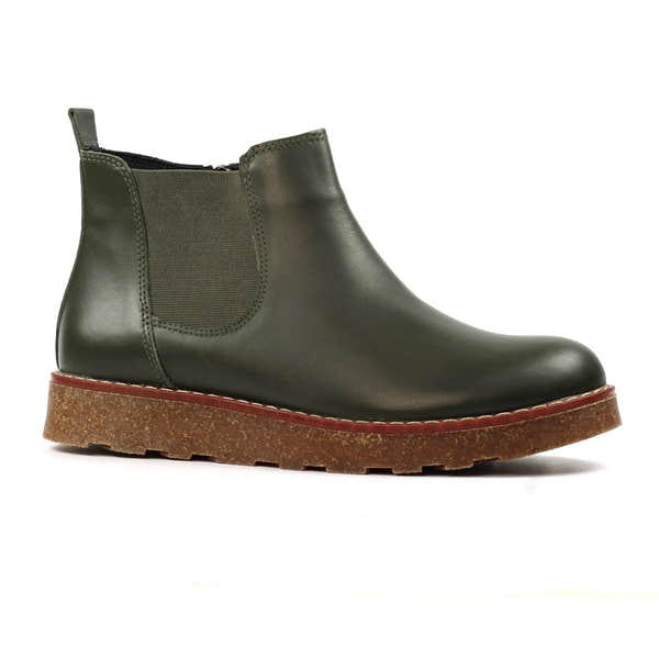 Lunar GLR127 Georgie Ladies Olive Leather Side Zip Ankle Boots with rugged sole and elastic side panel.