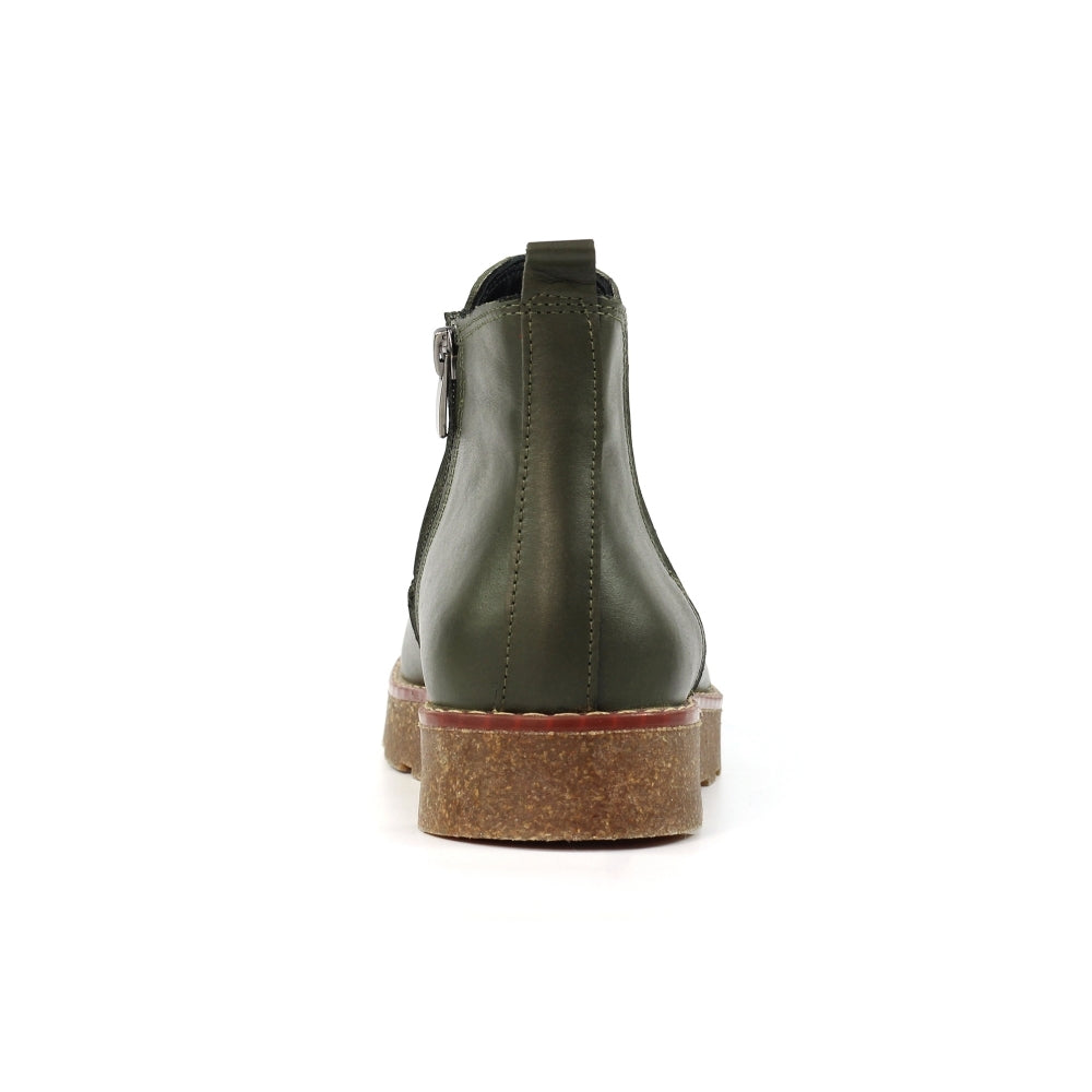Lunar GLR127 Georgie Ladies Olive Leather Side Zip Ankle Boots, low chunky heel, back view, stylish and comfortable footwear.