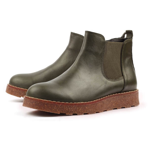 Lunar GLR127 Georgie Ladies Olive Leather Side Zip Ankle Boots with elastic side panel and rugged rubber sole.