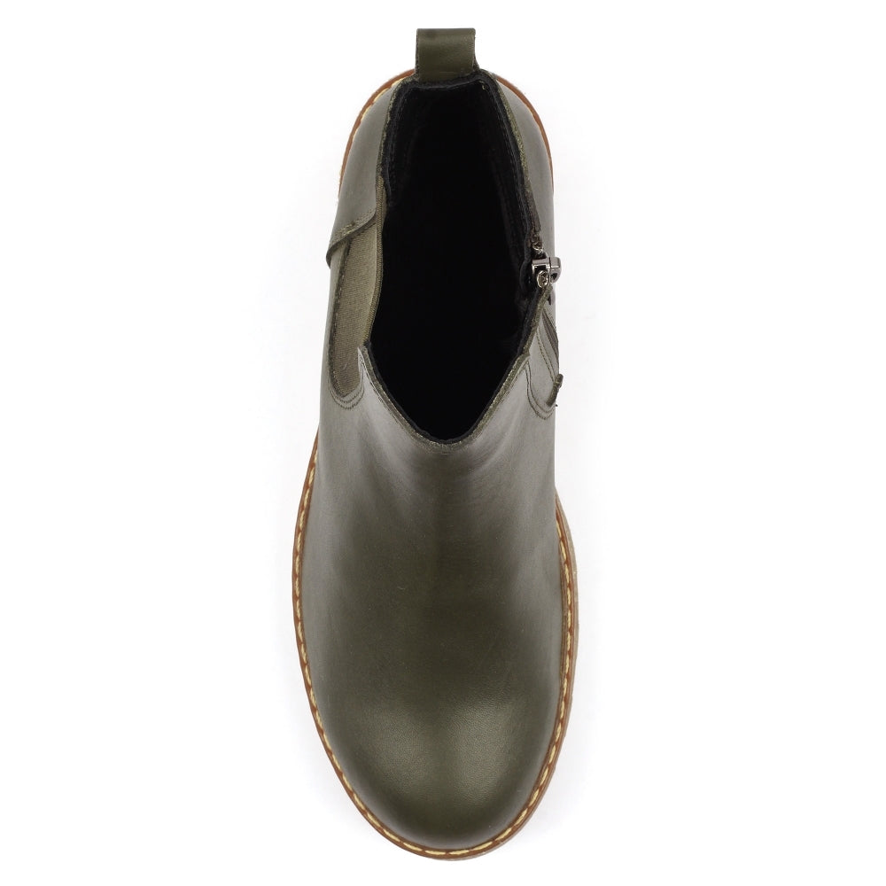 Lunar GLR127 Georgie women's olive leather side zip ankle boots with a rounded toe and chunky sole.