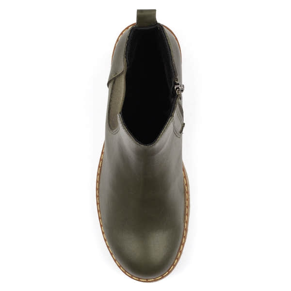 Lunar GLR127 Georgie women's olive leather side zip ankle boots with a rounded toe and chunky sole.