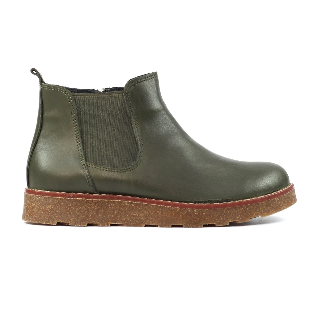 Lunar GLR127 Georgie Ladies Olive Leather Side Zip Ankle Boots with rugged sole and pull tab, stylish and comfortable footwear.