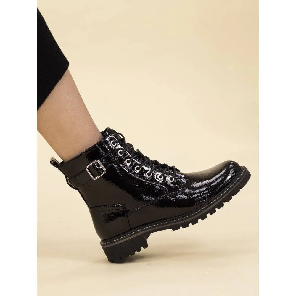 Lunar GLW030 Parlour Ladies Black Patent Zip & Lace Ankle Boots-elevate your sole