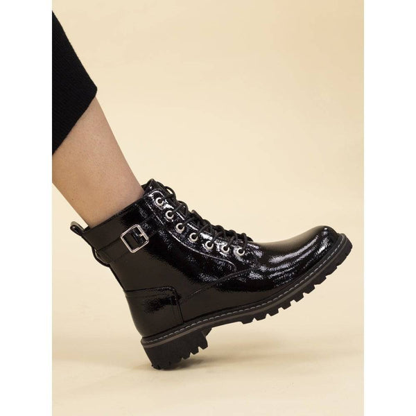 Lunar GLW030 Parlour Ladies Black Patent Zip & Lace Ankle Boots-elevate your sole