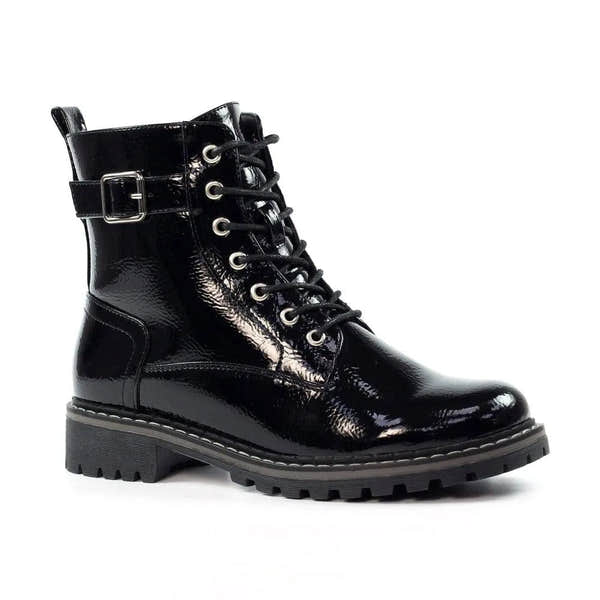 Lunar GLW030 Parlour Ladies Black Patent Zip & Lace Ankle Boots-elevate your sole