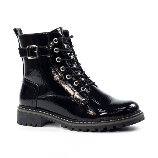 Lunar GLW030 Parlour Ladies Black Patent Zip & Lace Ankle Boots-elevate your sole